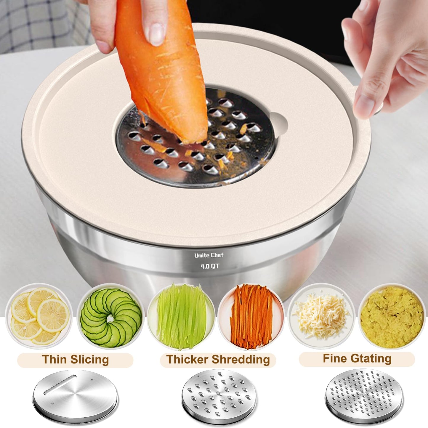 Umite Chef Mixing Bowls with Airtight Lids Set, 8PCS Stainless Steel Khaki Nesting Bowls with Grater Attachments, Kitchen Bowls with Non-Slip Bottoms, Size 5, 4, 3.5, 2, 1.5QT for Mixing & Serving