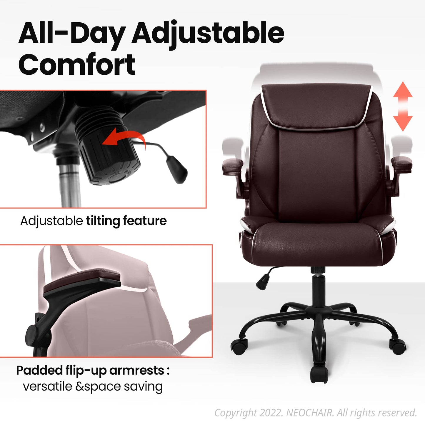 NEO CHAIR Office Chair Adjustable Desk Chair Mid Back Executive Comfortable PU Leather Ergonomic Gaming Back Support Home Computer with Flip-up Armrest Swivel Wheels (Brown)