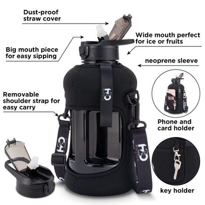 H20 Bottle 2.2 L Half Gallon Water Bottle with Straw Insulated | BPA Free Water Jug with Sleeve, Carry Strap and Handle for Hydration, Leak Proof, Reusable, Workout Bottle – Deep Black (74 Ounce)