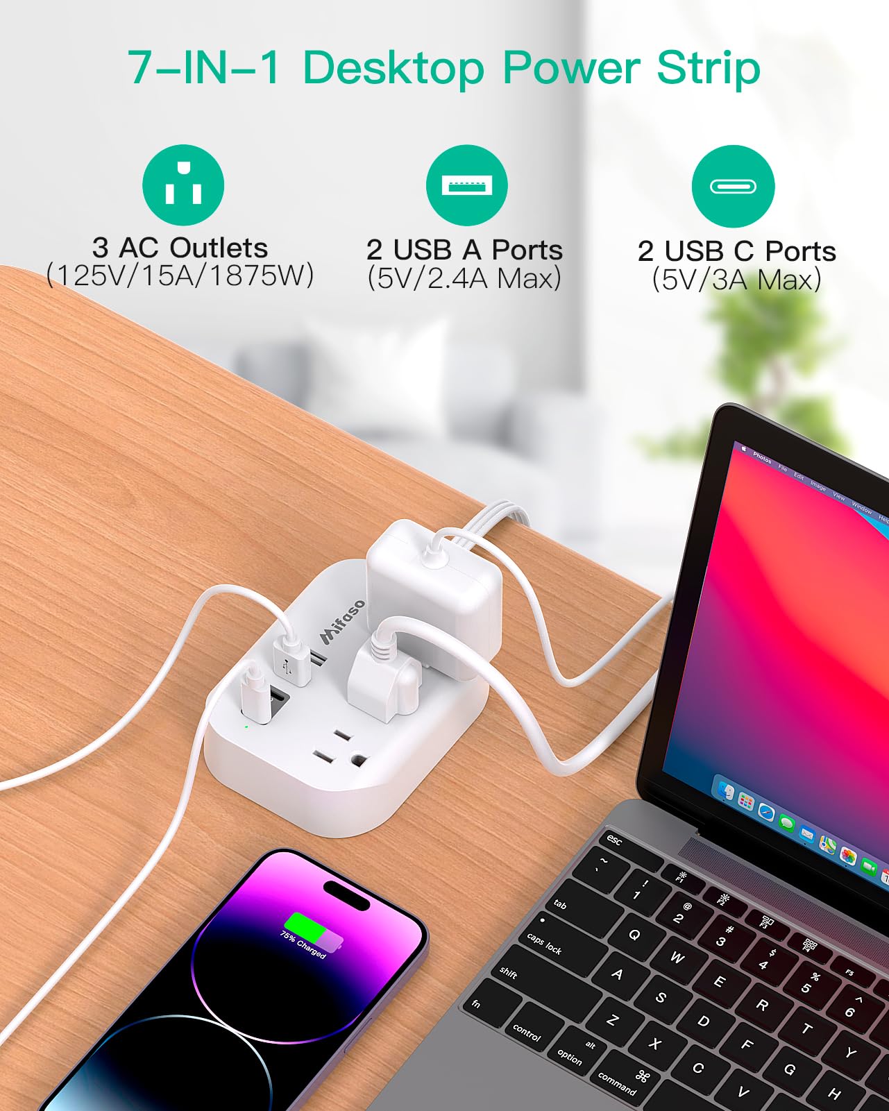 Mifaso 5Ft Power Strip with 4 USB Ports