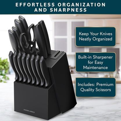 Home Hero Kitchen Knife Set with Sharpener - High Carbon Stainless Steel Knife Block Set with Ergonomic Handles (16 Pcs - Black)