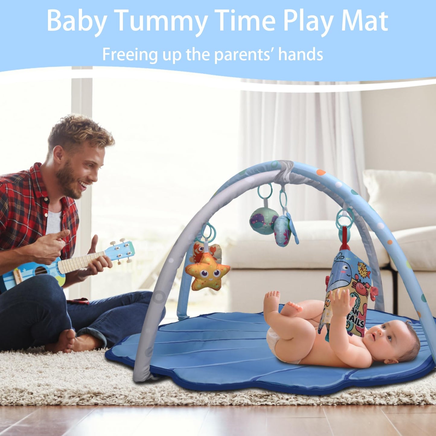 Baby Gym Play Mat for Babies 0-6 Months Infant Tummy Time Mat Activity Gym, Blue Shell Baby Gyms & Playmats Newborn Brain Sensory Development 6-12 Months, Baby Gifts
