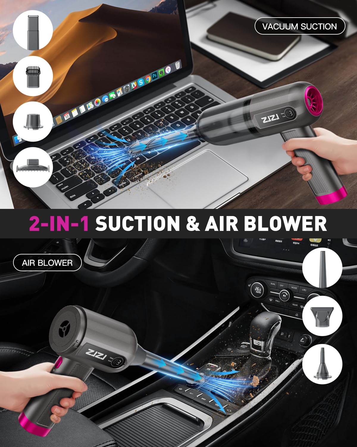 ZJZJ Handheld Car Vacuum Cleaner Cordless, 15000PA High Power Portable Car Vacuum Cleaner & Air Duster with 3 Gear, Digital Display, Mini Hand Held Vacuum Cleaner Rechargeable for Home, Car, Pet Hair