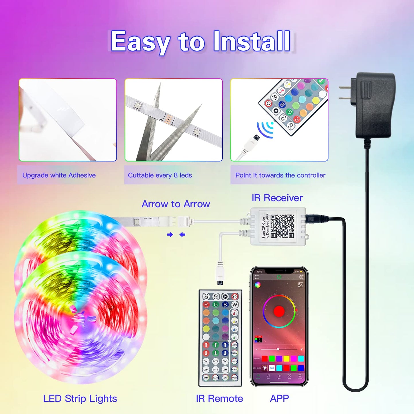 FONEWE 50ft LED Strip Lights for Home Decor