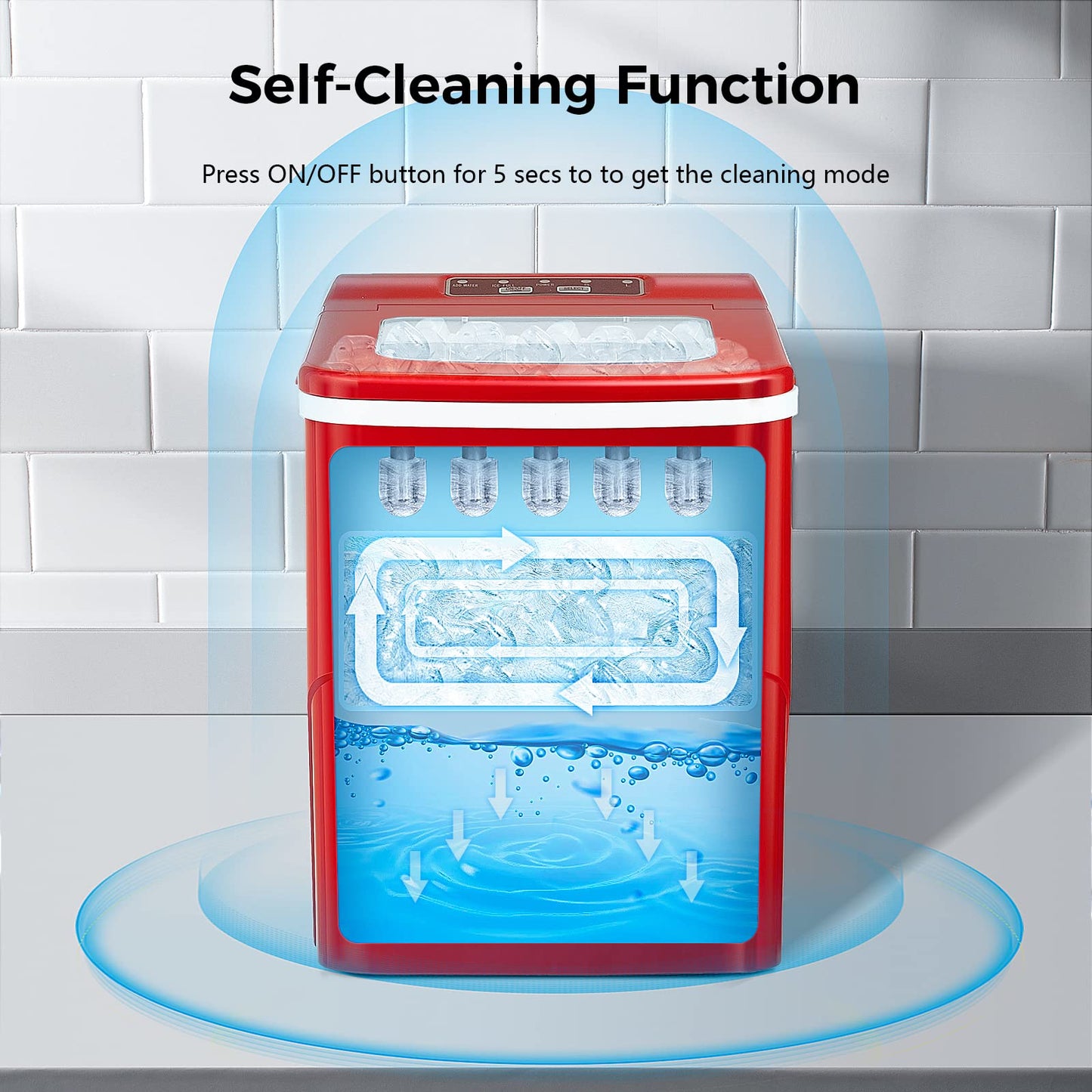AGLUCKY Ice Makers Countertop with Self-Cleaning, 26.5lbs/24hrs, 9 Cubes Ready in 6~8Mins, Portable Ice Machine with 2 Sizes Bullet Ice/Ice Scoop/Basket for Home/Kitchen/Office/Bar/Party, Red