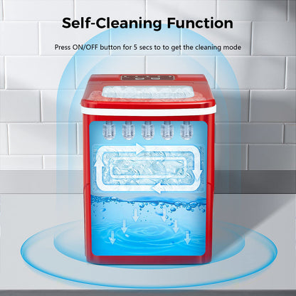 AGLUCKY Ice Makers Countertop with Self-Cleaning, 26.5lbs/24hrs, 9 Cubes Ready in 6~8Mins, Portable Ice Machine with 2 Sizes Bullet Ice/Ice Scoop/Basket for Home/Kitchen/Office/Bar/Party, Red