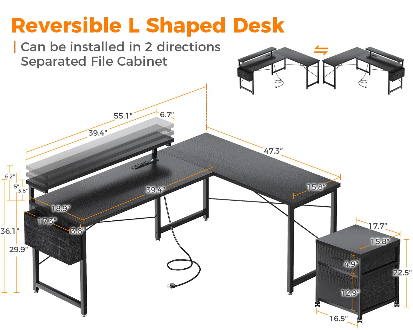AODK L Shaped Computer Desk, 55" Office Desk with File Cabinet, Power Outlet and Adjustable Monitor Stand, Executive Home Office Furniture Set, Reversible Corner Desk with Storage Bag, Black