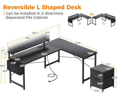 AODK L Shaped Computer Desk, 55" Office Desk with File Cabinet, Power Outlet and Adjustable Monitor Stand, Executive Home Office Furniture Set, Reversible Corner Desk with Storage Bag, Black