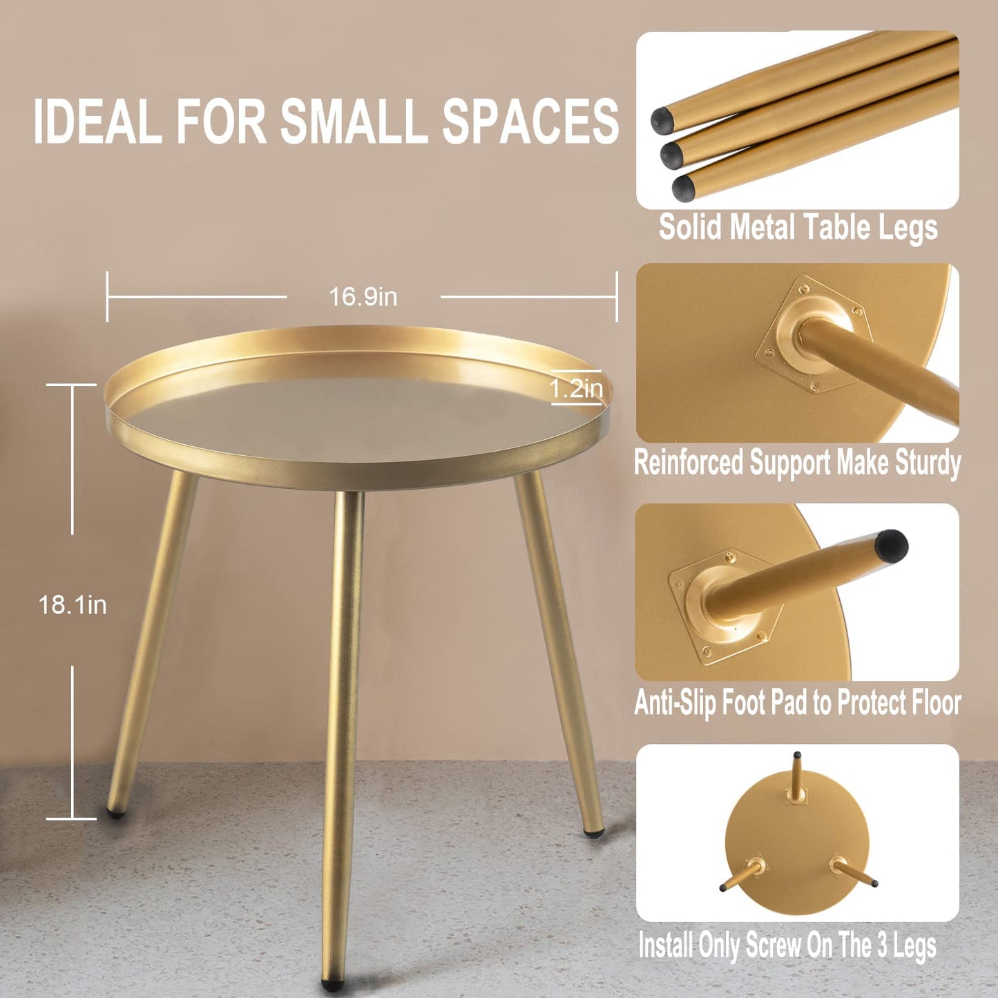 AOJEZOR Gold End Table, Ideal for Any Room-Side Tables Living Room,Bedroom, Gold Plant Stand Balcony, Metal Structure Indoor & Outdoor,Gold Tray with 3 Legs