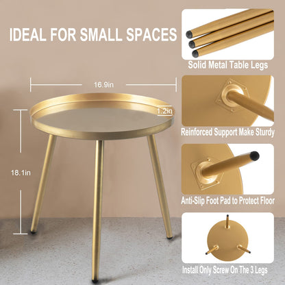 AOJEZOR Gold End Table, Ideal for Any Room-Side Tables Living Room,Bedroom, Gold Plant Stand Balcony, Metal Structure Indoor & Outdoor,Gold Tray with 3 Legs