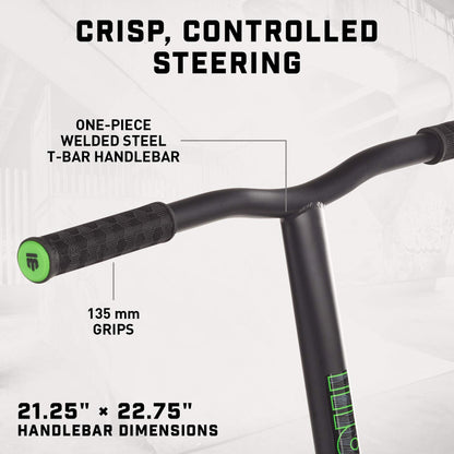 Mongoose Rise 100 Pro Freestyle Stunt/Trick Scooter, Lightweight Alloy Deck & Heavy-Duty Frame Up to 220 lbs., T-Bar Handlebar w/ Bike-Style Grip, High Impact 100mm Wheels, Black/Green