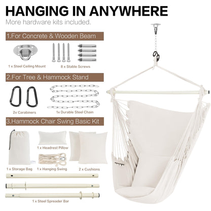 PNAEUT Modern Style Hanging Chair for Bedroom with 2 Cushions and Pillow (Beige)