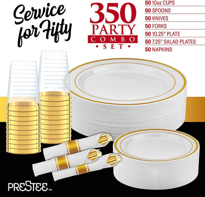 Prestee 350 Piece Disposible Dinnerware Set for 50 Guests - Gold - Reusable Party Supplies Set incl. 50 Big Dinner Plates, 50 Small Salad Plates, 50 Knives, 50 Forks, 50 Spoons, 50 Cups and 50 Napkins