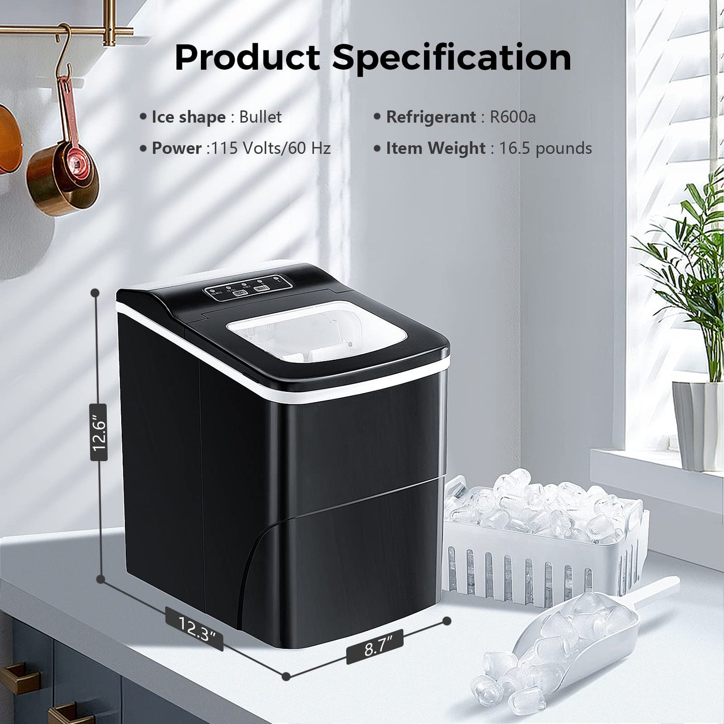 AGLUCKY Ice Makers Countertop with Self-Cleaning, 26.5lbs/24hrs, 9 Cubes Ready in 6~8Mins, Portable Ice Machine with 2 Sizes Bullet Ice/Ice Scoop/Basket for Home/Kitchen/Office/Bar/Party, Black