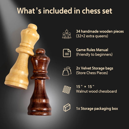 Handmade Walnut Chess Set with Extra Queens