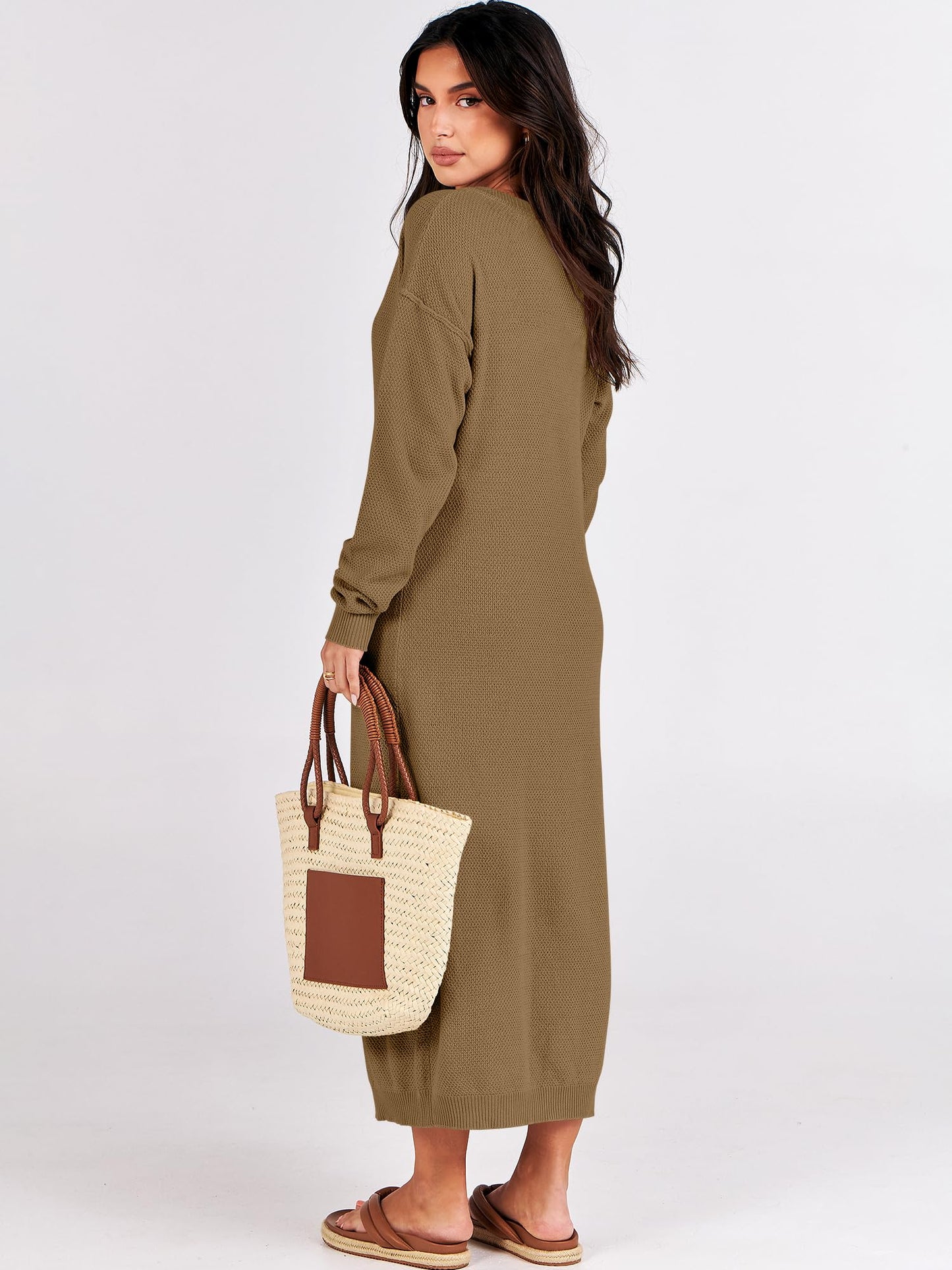 ANRABESS Women Long Sleeve Button V Neck Oversized Casual Loose Fit Waffle Knit Fall Midi Sweater Dress 2024 Trendy Outfits Khaki Medium