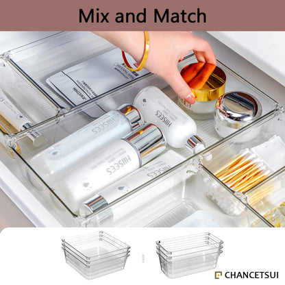13 Pack Clear Drawer Organizer Set with Non-Slip Pads, 5-size Plastic Drawer Trays, Desk Drawer Dividers, Storage Bins for Makeup, jewelry, Utensils in Bedroom Dresser, Gadgets, Office, and Kitchen