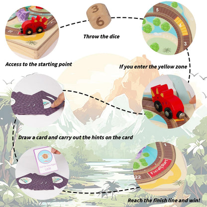 WoodenEdu Wooden Train Set Toys for Toddlers, Wooden Dinosaur Train Set for Kids Age 3+, Portable Durable Train Chess Toys for Travel with 3 Trains 5 Dinosaurs for Kids
