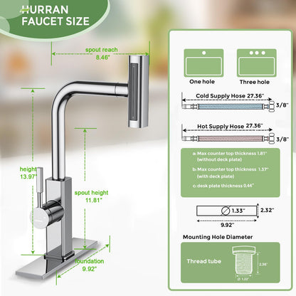 Hurran Waterfall Kitchen Faucet with Pull Down Sprayer,Stainless Steel Kitchen Sink Faucet with 4 Modes(Sweep/Stream/Waterfall/Sprayer),360° Swivel Modern Faucet for Kitchen Sink, Chrome