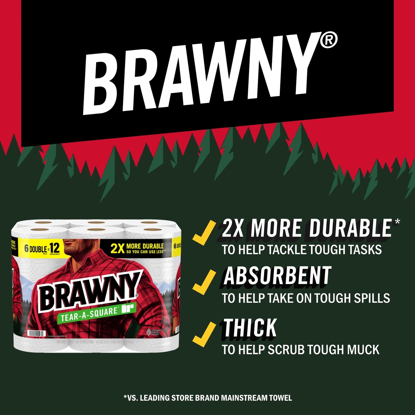 Brawny Tear-A-Square Paper Towels, 6 Double Rolls = 12 Regular Rolls, 3 Sheet Sizes (Quarter, Half, Full), Strength for All Messes, Cleanups, and Meal Prep