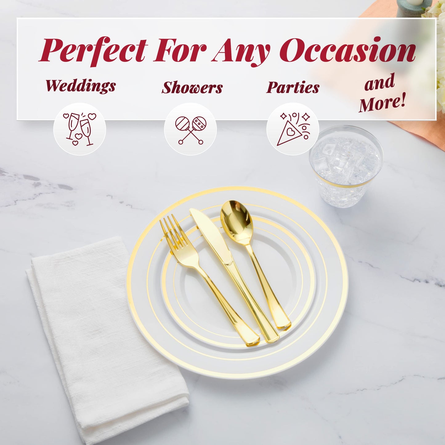 Prestee 600-piece Disposable Party Dinnerware Set for 100 Guests - Gold Dinnerware Sets Disposable with Plates, Cups, Knives, Forks, Spoons - Elegant Reusable Wedding Reception and Events Supplies