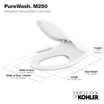 KOHLER 5724-0 PureWash M250 Elongated Bidet Toliet Seat, Manual Non-Electric Bidets for Existing Toilets, Adjustable Bidet Sprayer, White