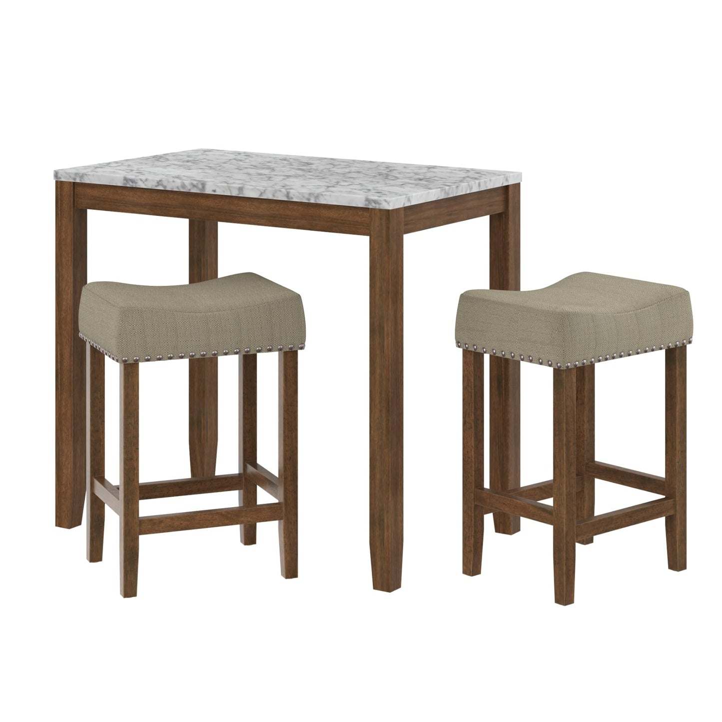 Nathan James Viktor 3 Piece Set, Heigh Kitchen Counter Pub Dining or Breakfast Table with Marble Top and Fabric Wood Base Seat, Beige/Light Brown