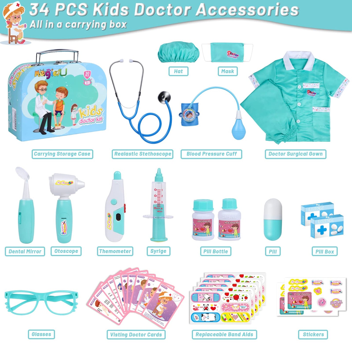 Magic4U Kids Doctor Costume Kit with Real Working Stethoscope and Carry Case, 34 Pieces Pretend-n-Play Realistic Medical Dr Toys for Toddler Boys Girls