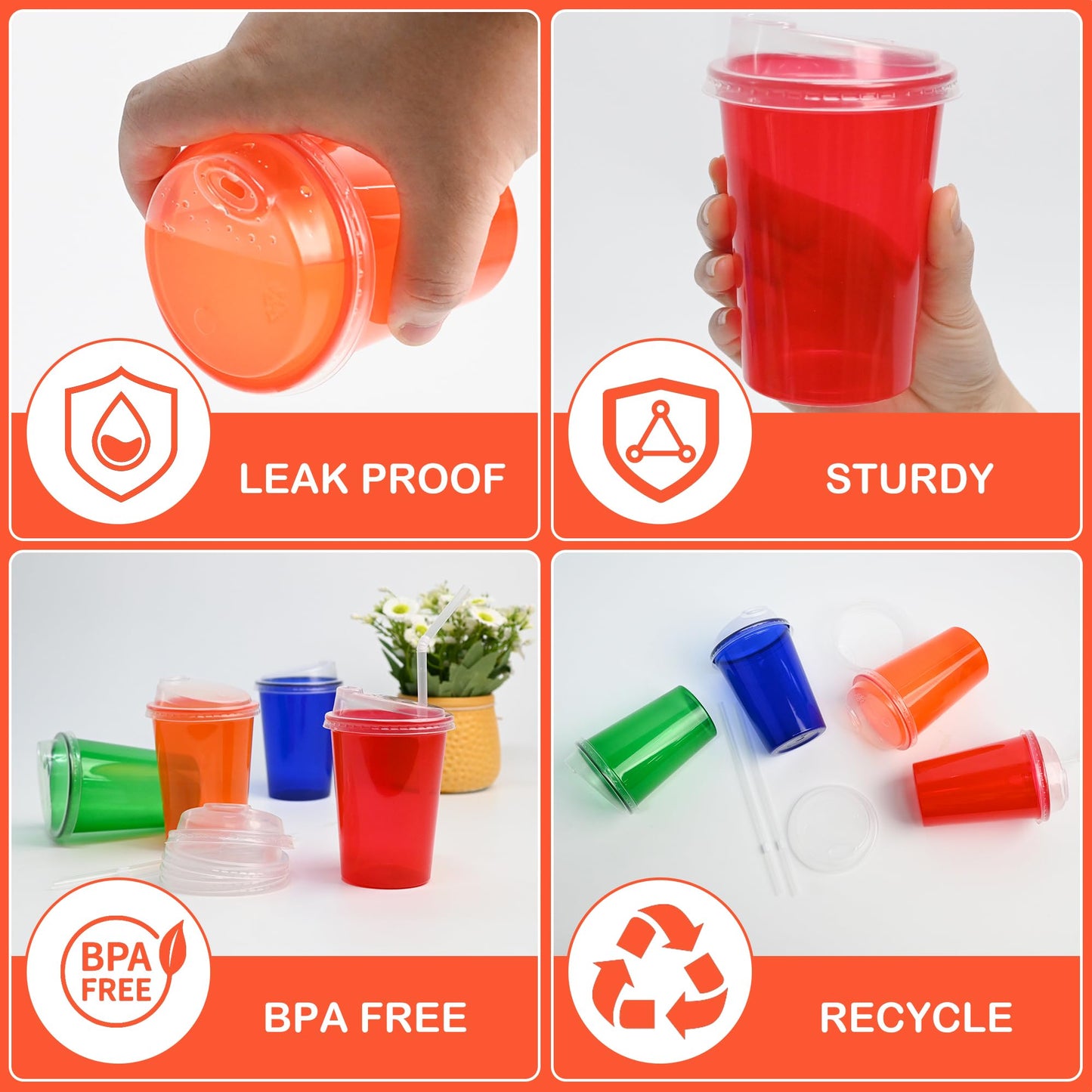 Kids Reusable Plastic Cups with Lids and Straws