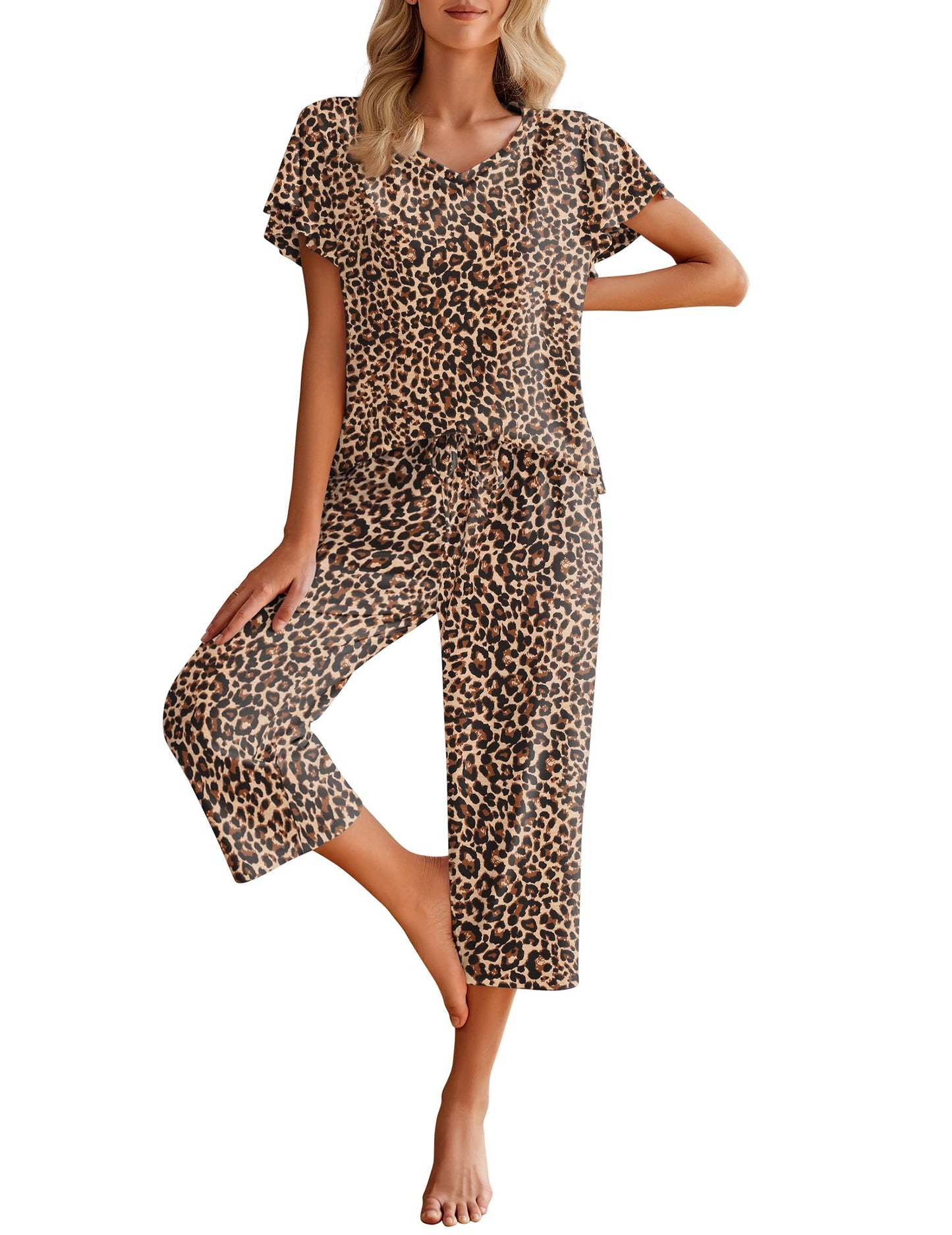 Ekouaer Womens Cotton Pajamas Sets Short Sleeve Tops and Capri Pants Sleepwear Loungewear with Pockets,XX-Large,Leopard Print