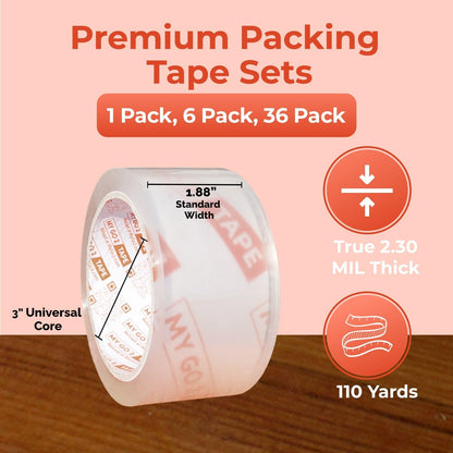 My Go 2 Tape - Packing Tape for Shipping, Mailing, Sealing and Moving, Strong Adhesion Clear Packing Tape Rolls, True 2.30 Mil Thick Shipping Tape with Standard Width, 110 Yard Rolls, 6 Pack