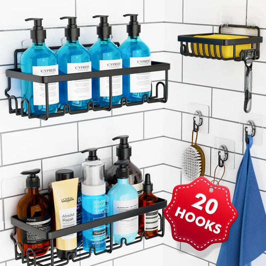 3 Pack, Adhesive Organizer with 20 Hooks, 3 Adhesive Hooks, Bathroom Furniture Sets, Stainless Steel,No Drilling,Easy Installation Shelf for Inside