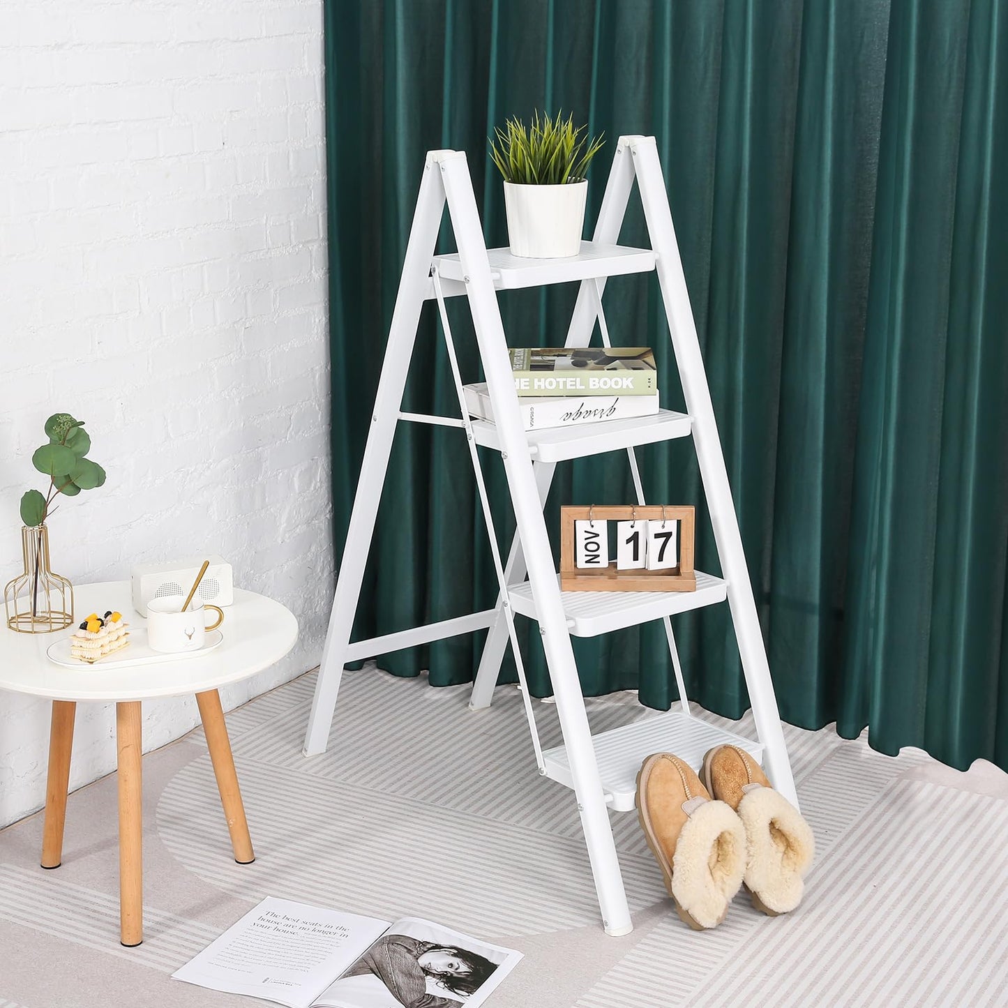 TOOLITIN 4 Step Ladder, Folding Step Stool for Adults with Wide Anti-Slip Pedal, Lightweight, Perfect for Kitchen& Household, Library Office,330lbs Capacity Sturdy Steel Ladder,White