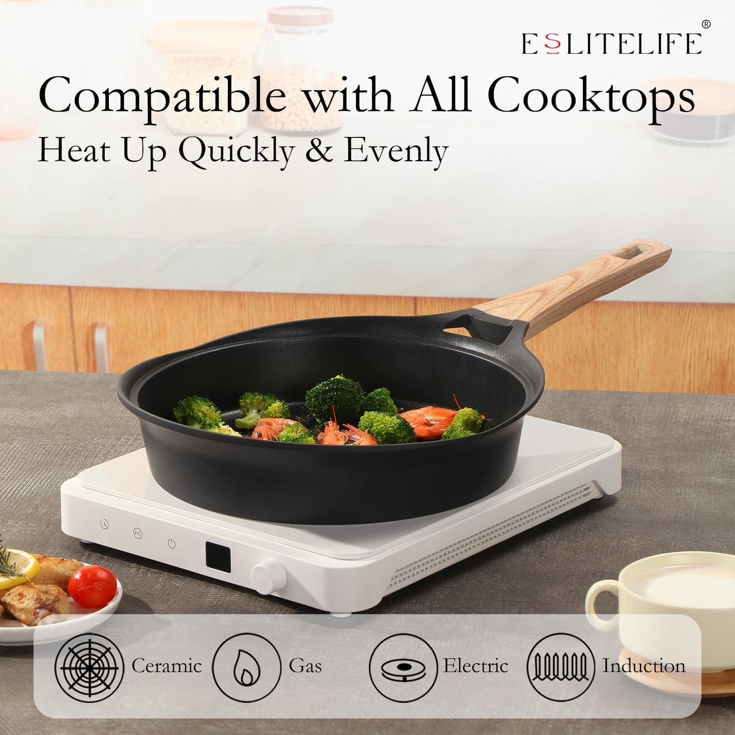 ESLITE LIFE Nonstick Deep Frying Pan Skillet with Lid, Healthy Granite Coating Egg Omelette Pan Stone Cookware Chef's Pan, PFOA Free(Black, 9.5 Inch)