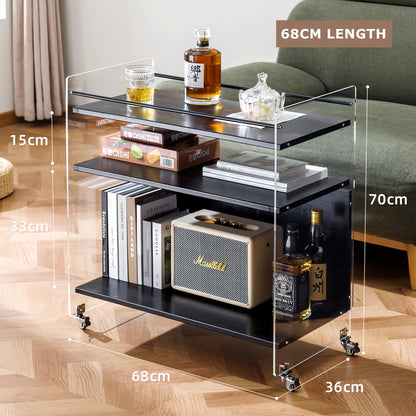 VRFRSX Acrylic Black Bar Cart,Wine Rack Cart,Wine Tea Liquor Shelve,Serving Carts,Kitchen Cart with Lockable Casters, Acrylic Home Furniture,26.4" L x 14.2" W x 27.6" H,3-Tier