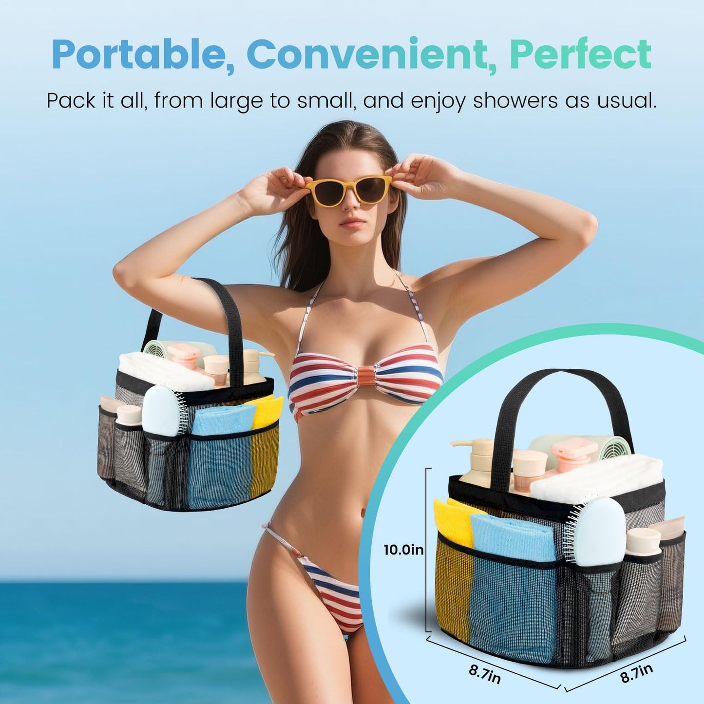 Portable Mesh Shower Caddy with 9 Pockets