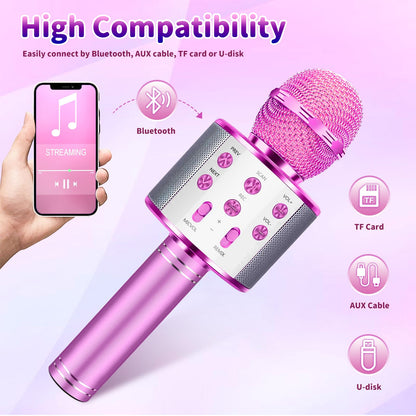 Justcool 5-in-1 Wireless Bluetooth Microphone for Kids, Portable Handheld Karaoke Mic Speaker Player Recorder, Suitable for Singing, Recording, Playing, and Traveling, Rose Pink