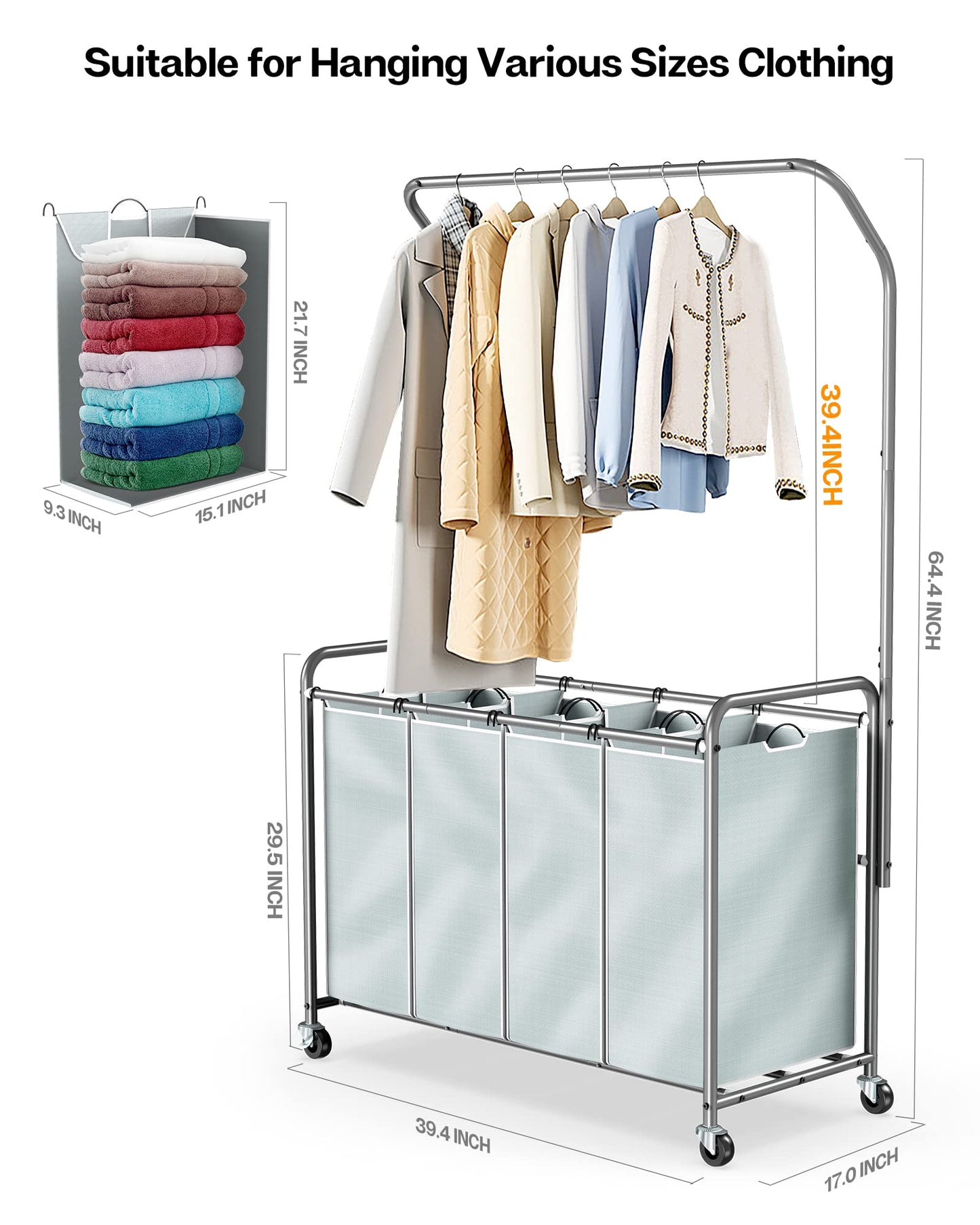 ROMOON Laundry Sorter with Hanging Bar, 4 Section Laundry Hamper with Heavy Duty Lockable Rolling Wheels, Laundry Basket with Removable Bags for Dirty Clothes, Grey