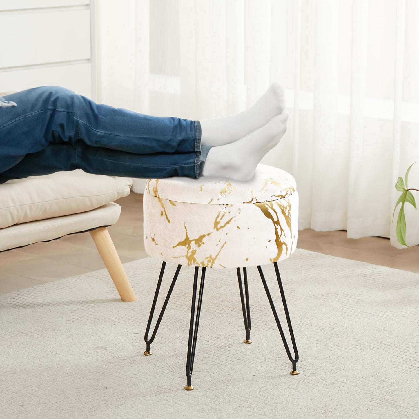 ALeesing Vanity Stool, Ottoman Make Up Stool with Large Storage, Round Footrest Footstools with 4 Metal Legs & Adjustable Footings for Living Room Bedroom Entryway- Beige