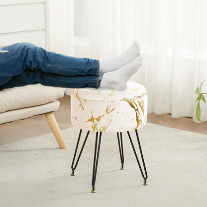 ALeesing Vanity Stool, Ottoman Make Up Stool with Large Storage, Round Footrest Footstools with 4 Metal Legs & Adjustable Footings for Living Room Bedroom Entryway- Beige