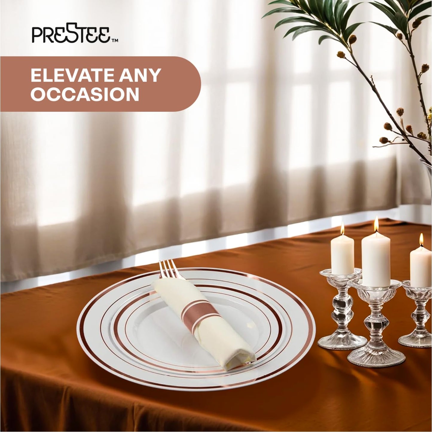 Prestee 350 Pc Disposable Dinnerware Set for 50 Guests - Rose Gold - Reusable Party Supplies Set incl. 50 of Dinner Plates, Salad Plates, Knives, Forks, Spoons and Cups, Wedding Reception Supplies