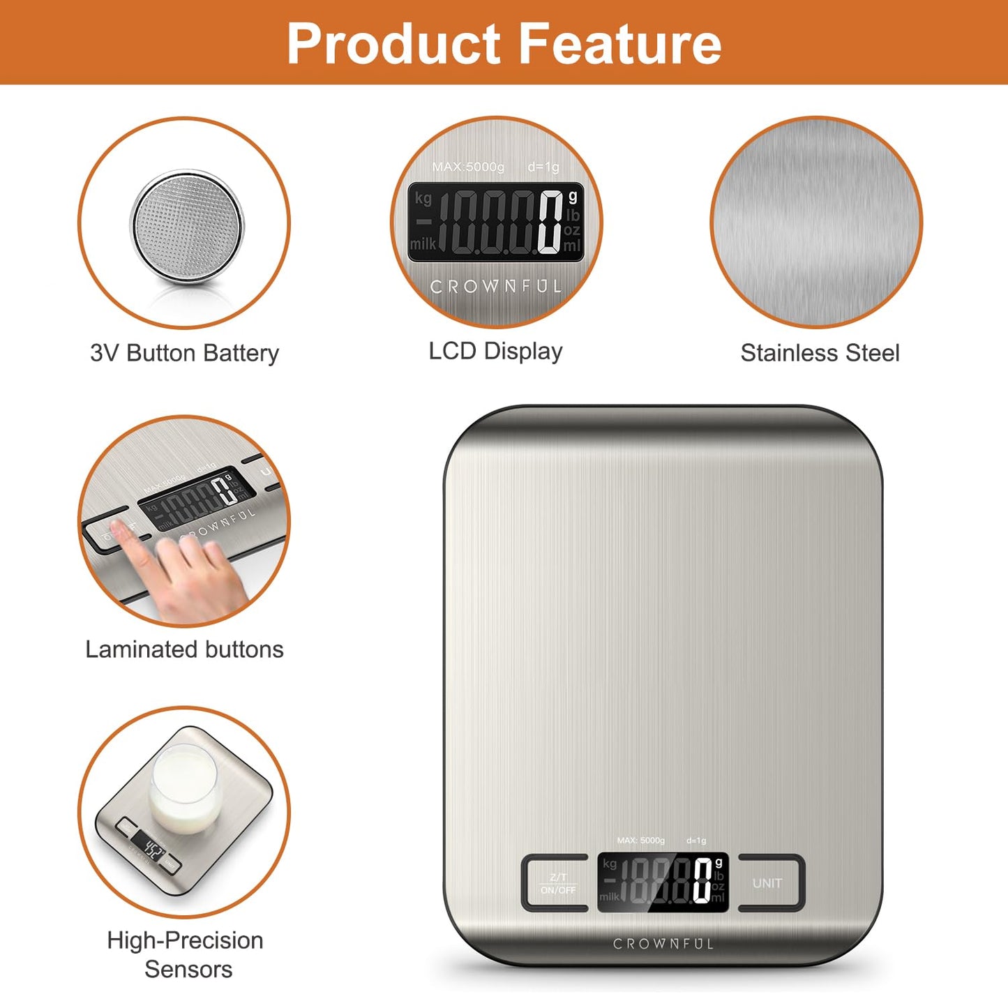CROWNFUL Digital Kitchen Scale with Tare Function