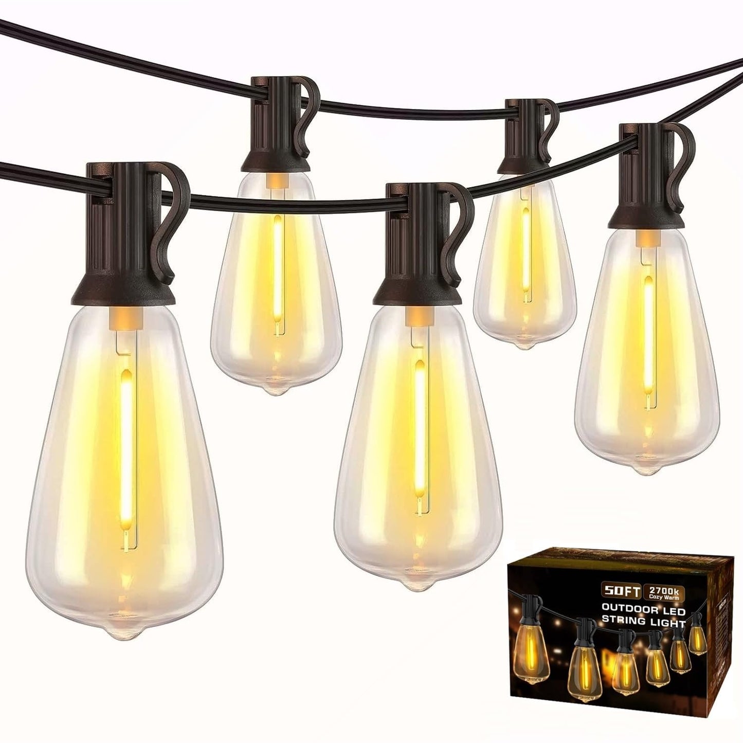 YUVITA 50FT Outdoor String Light, ST38 LED Patio Lights Waterproof with 25+2 Vintage Bulbs Shatterproof Energy Saving, 2700K Outside Hanging Edison Bulbs Lighting for Backyard,Bistro, Camping,Gazebo