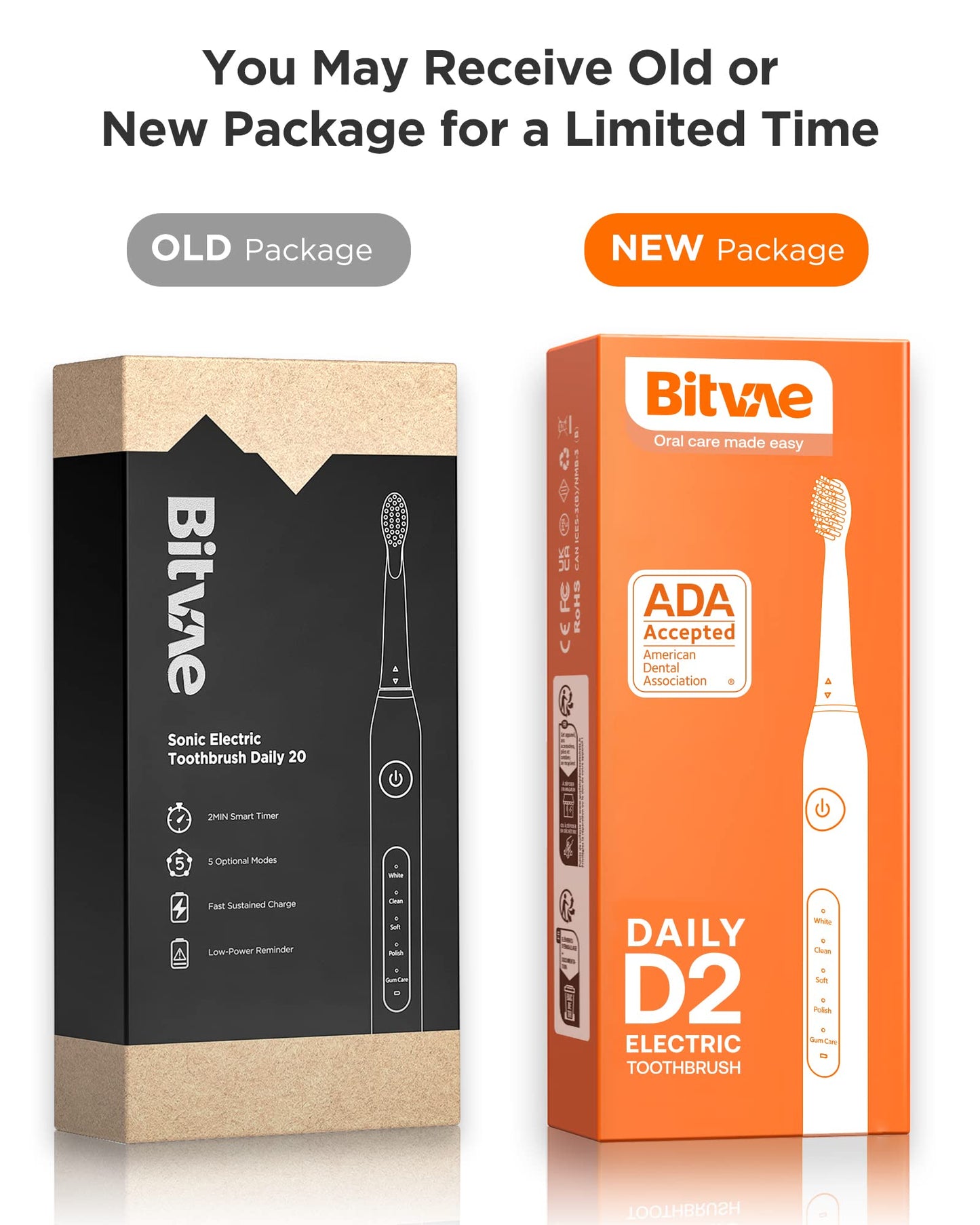Bitvae Electric Toothbrush for Adults - Ultrasonic Electric Toothbrushes with 8 Brush Heads, ADA Accepted Power Rechargeable Toothbrush with 5 Modes, Smart Timer, Black D2