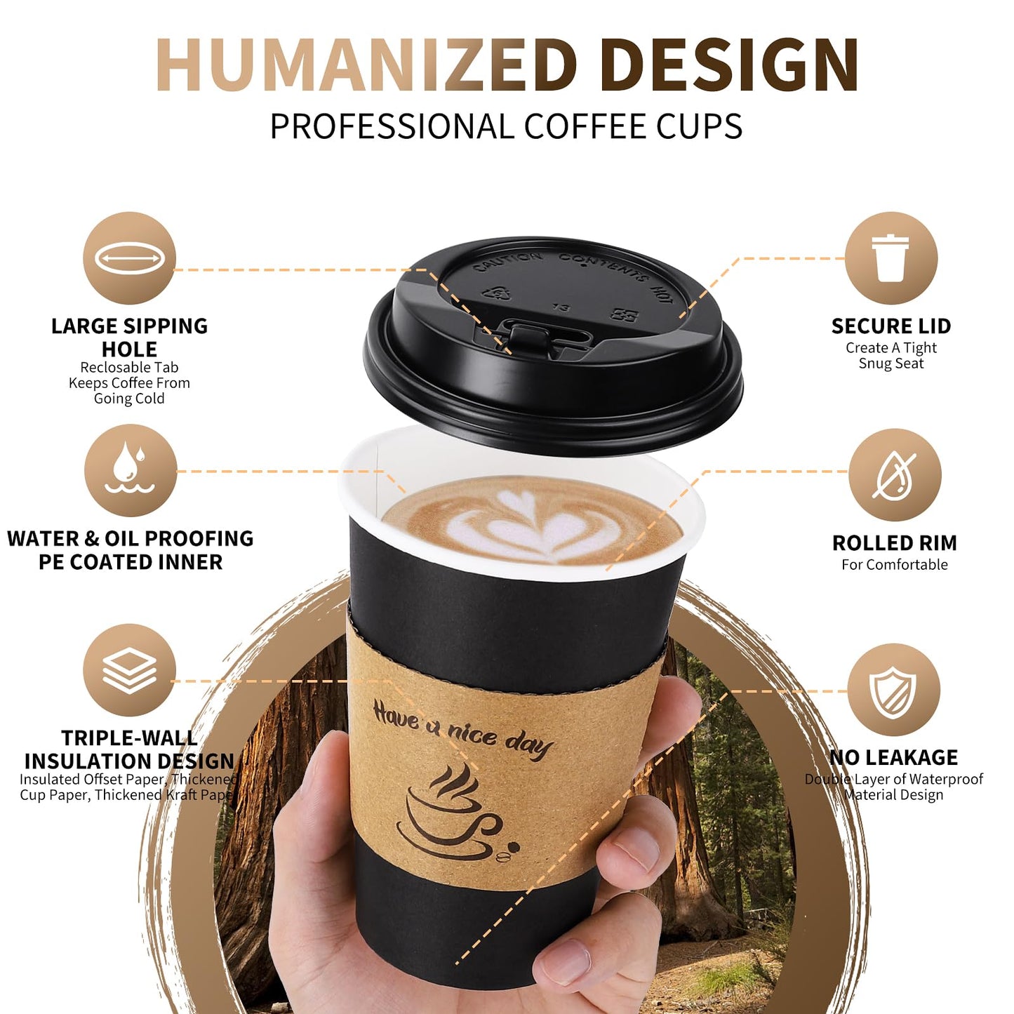 AIRE 100 Pack 16 oz Coffee Cups with Lids, Disposable Coffee Cups for Hot & Cold Drinks, To Go Coffee Cups with Lids for Coffee, Tea, Chocolate, Juice, Insulated Paper Coffee Cups