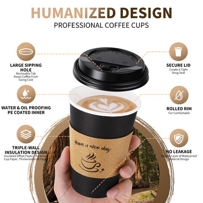 AIRE 100 Pack 16 oz Coffee Cups with Lids, Disposable Coffee Cups for Hot & Cold Drinks, To Go Coffee Cups with Lids for Coffee, Tea, Chocolate, Juice, Insulated Paper Coffee Cups