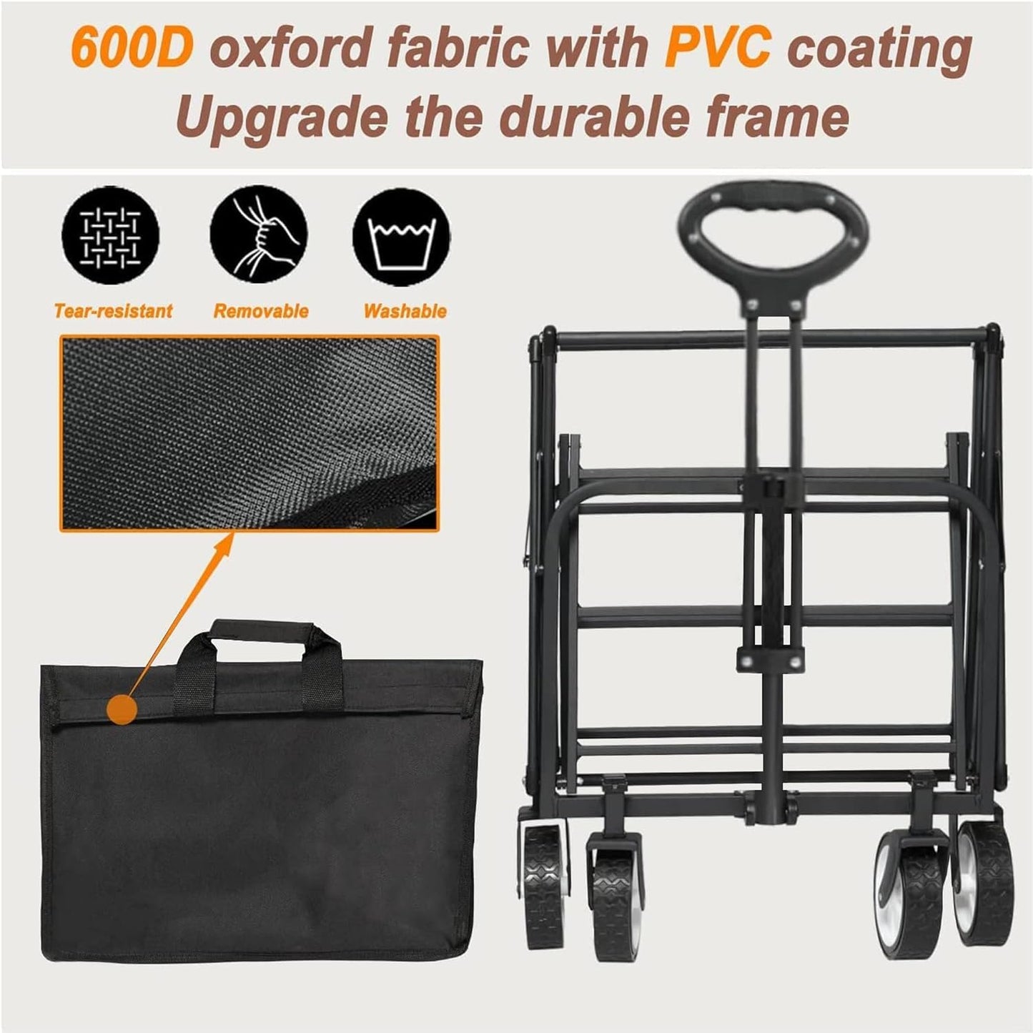 Collapsible Foldable Wagon, Beach Cart Large Capacity, Heavy Duty Folding Wagon Portable, Collapsible Wagon for Sports, Shopping, Camping (Black)