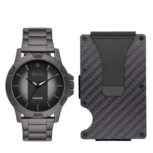 Relic by Fossil Men's Rylan Three-Hand Gunmetal Watch and Black Metal Card Case Gift Set (Model: ZR97014)