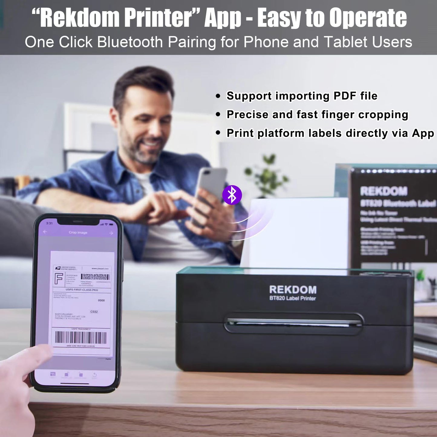 REKDOM Bluetooth Label Printer, 4x6” Shipping Label Printer, Wireless Thermal Label Printer Compatible with Phone,Tablet and Windows, Amazon,Ebay,USPS.
