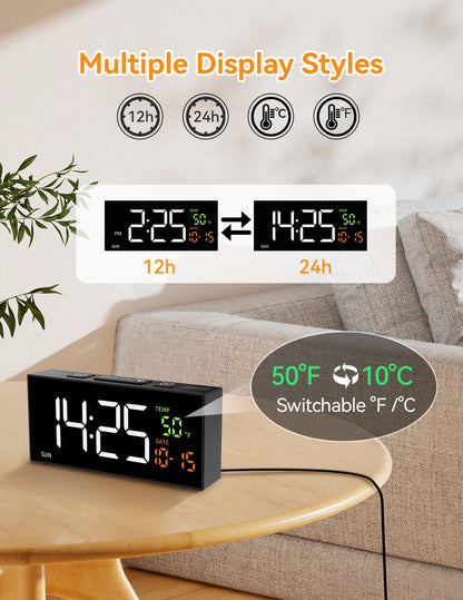 Netzu Alarm Clocks for Bedrooms, Digital Alarm Clock with Date Temperature and Weekday, Manual DST, Snooze, 2 Alarms, 4 Volumes Bedside Desk Clock for Living Room Home (Black)